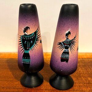 Pair of Navajo Native American Purple Hand Painted Bud Vases Signed